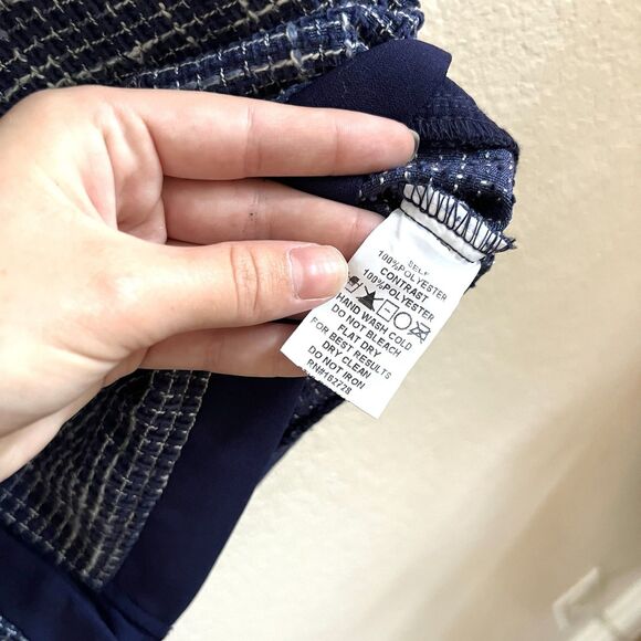 Voy Blue Tweed V-Neck Dress with Contrast Ribbon and Flutter Sleeve Sz S - Picture 10 of 11